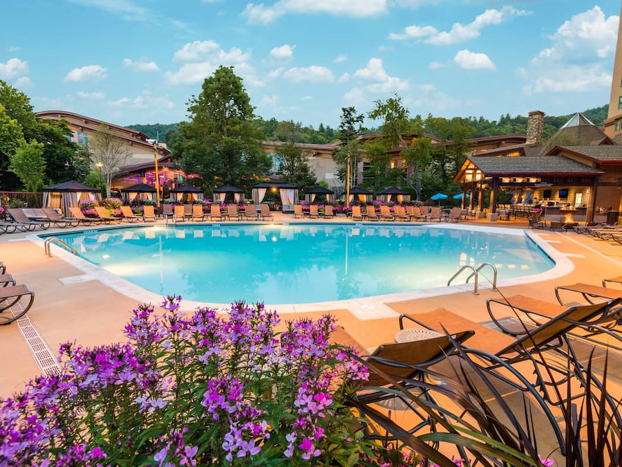 A pool area with lounge chairs and umbrellas, surrounded by buildings and greenery.