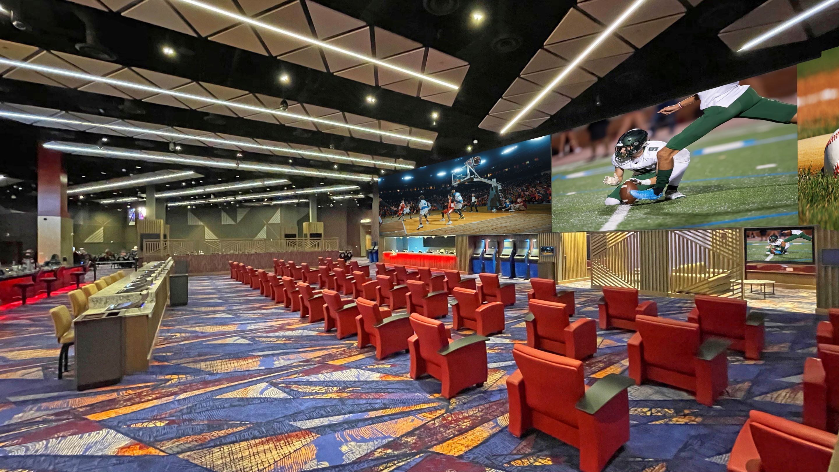 A large conference room with rows of red chairs, a patterned carpet, and a high ceiling with recessed lighting.