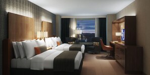A hotel room with two beds, a desk, a chair, a TV, and a window with a view. - Harrah's Cherokee Casino Resort - A Caesars Rewards Destination (Cherokee)