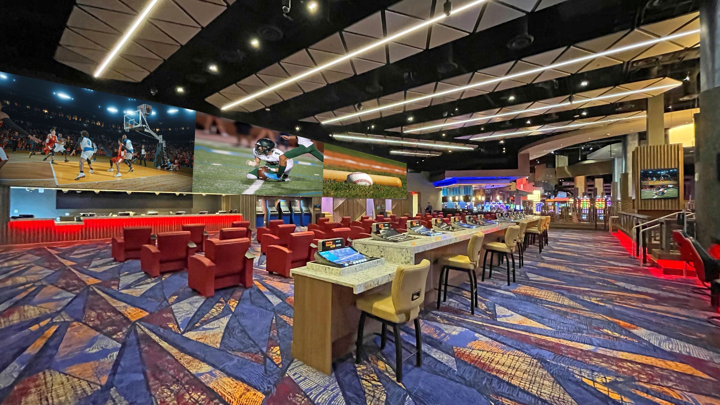 A sports bar with multiple screens, red seating, and a patterned carpet.