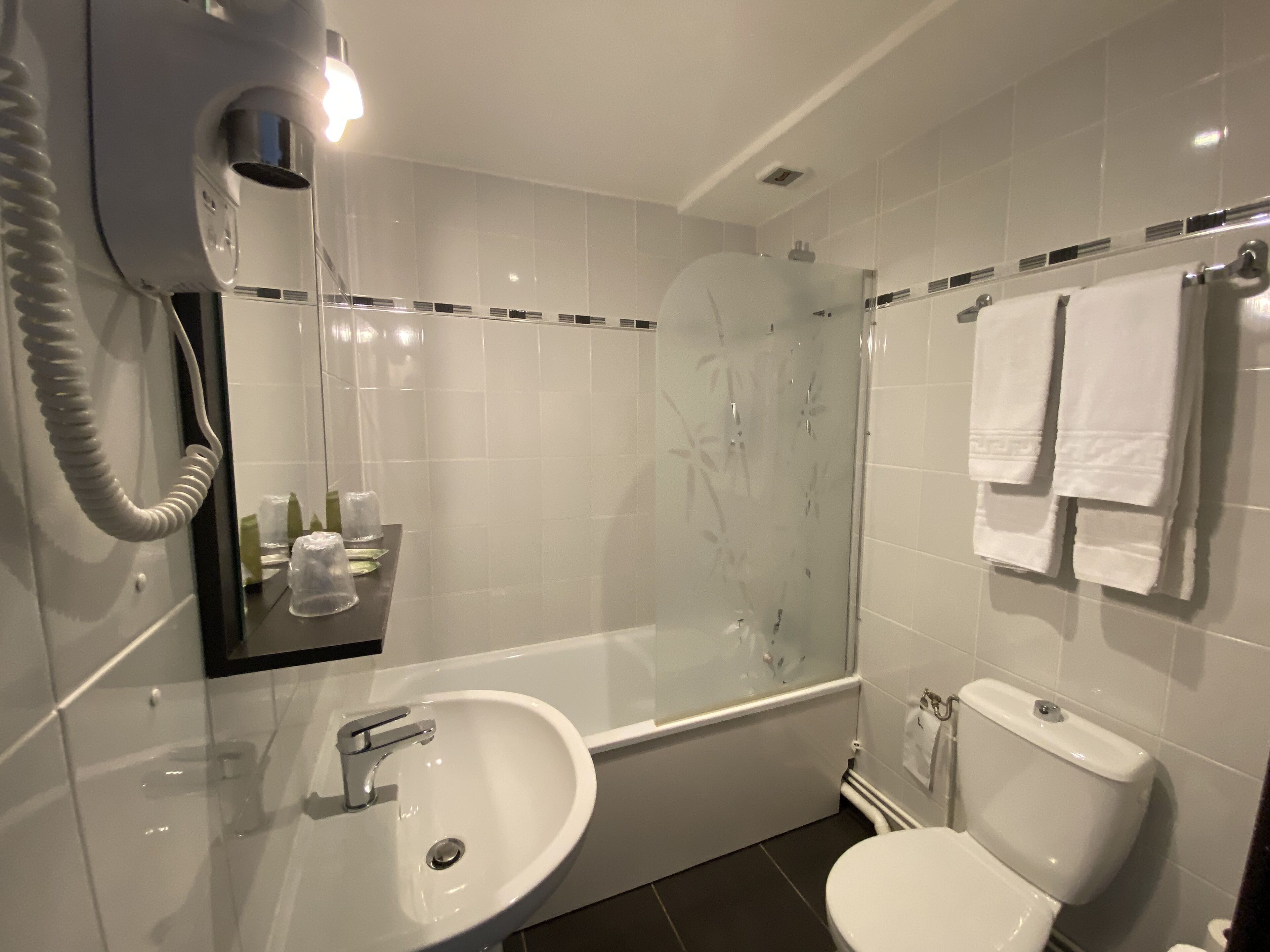 free toiletries, hair dryer, towels