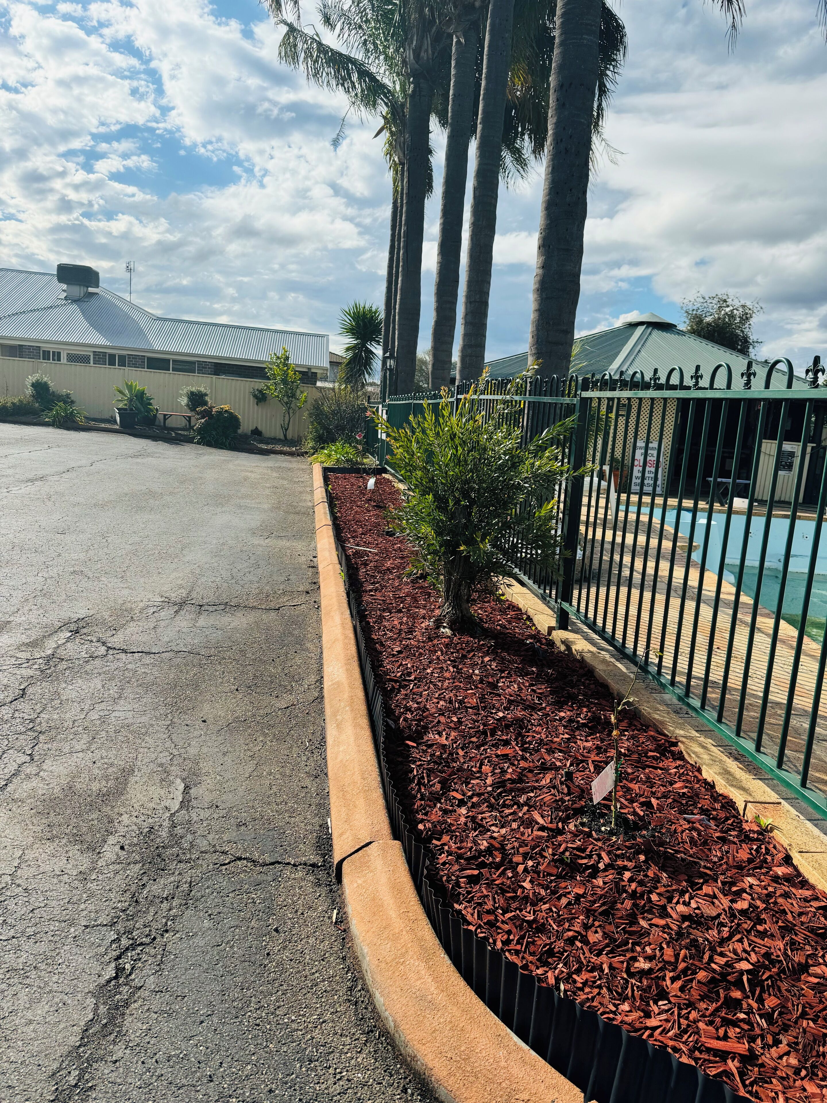 A parking lot with a row of trees and a fenced pool area.