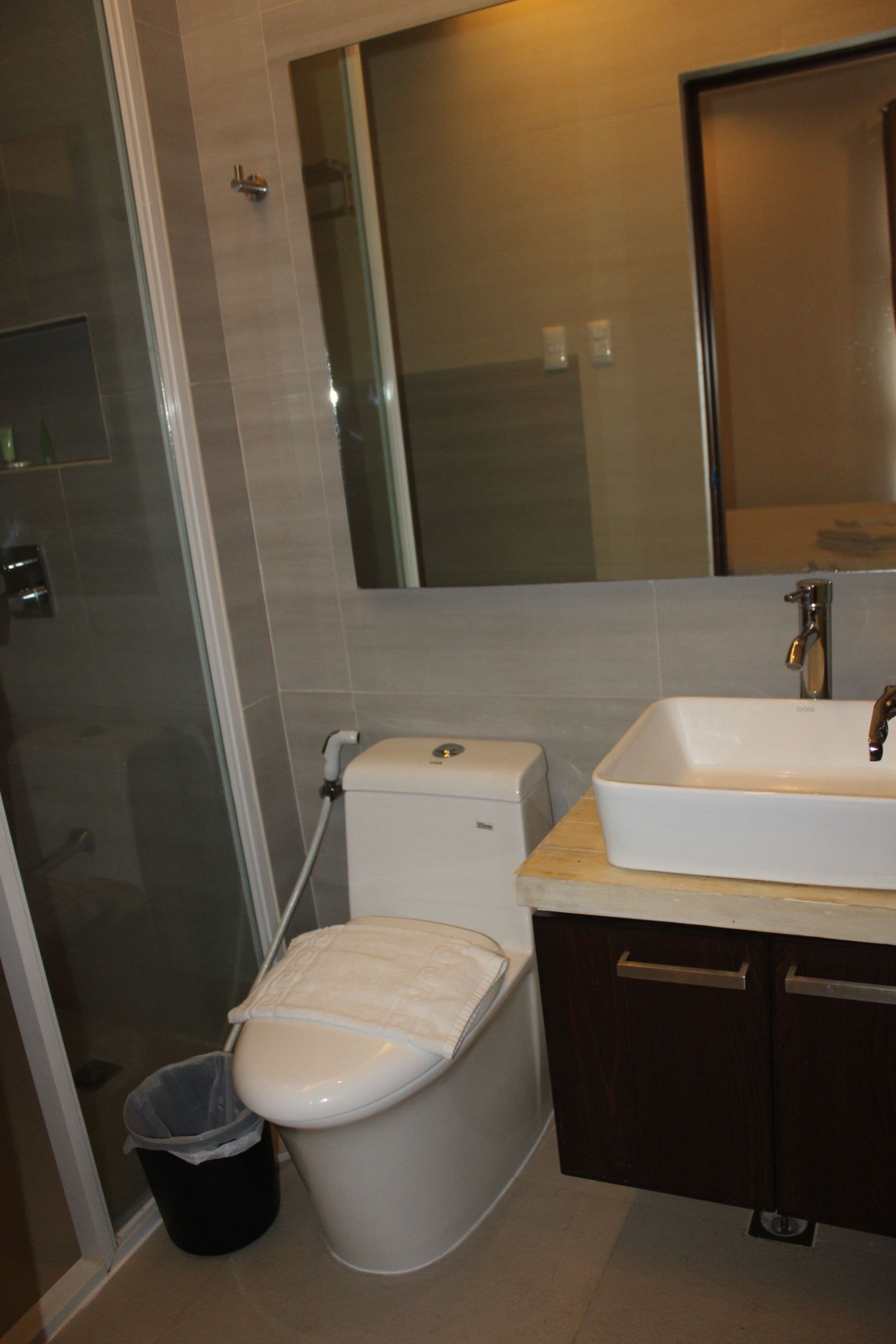 A bathroom with a toilet, sink, and mirror.