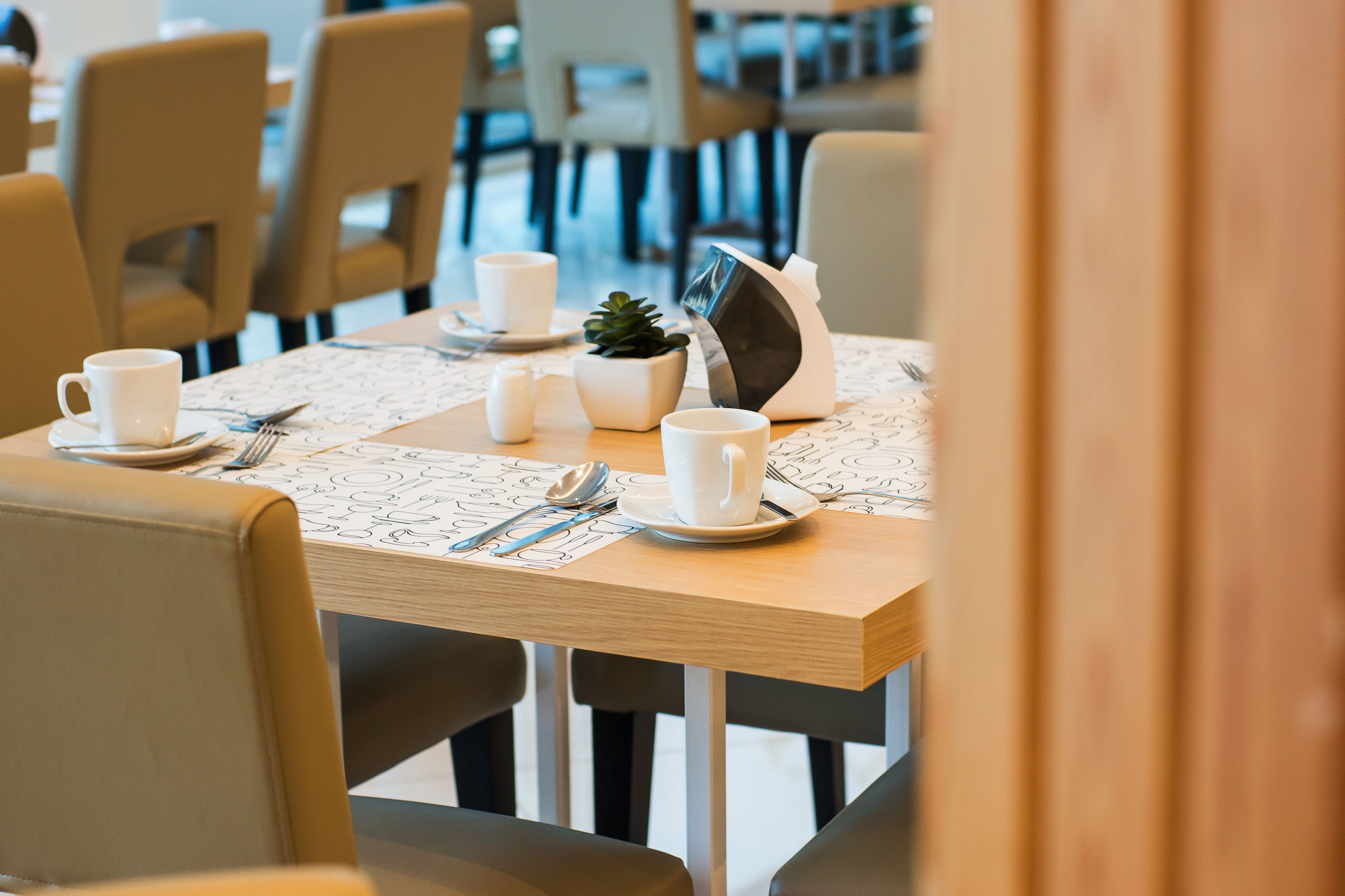 A dining table set with white cups, saucers, and a small potted plant.