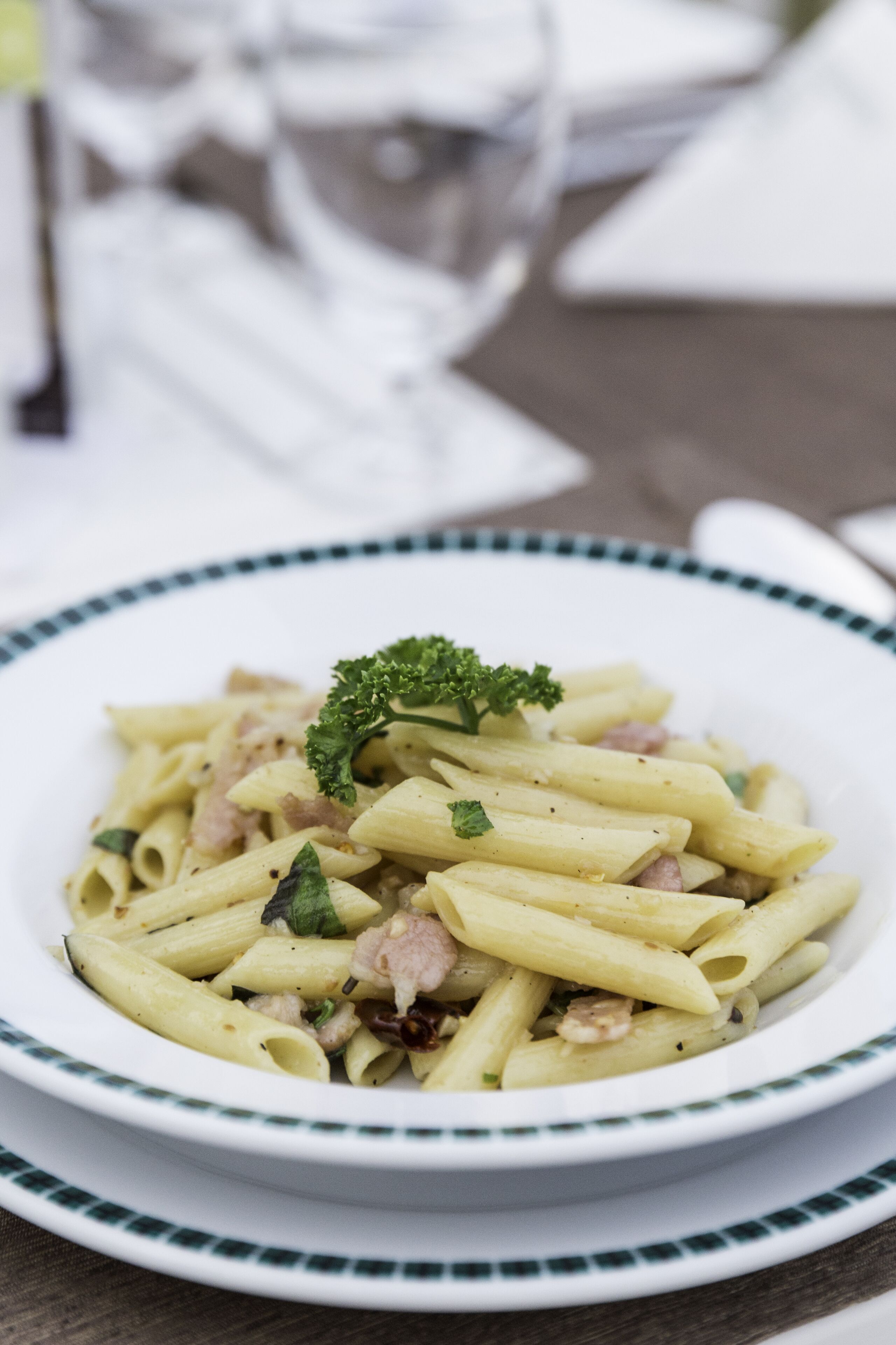 A plate of pasta with a garnish of broccoli.