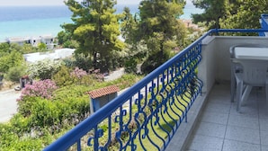A balcony with a blue railing overlooking a coastal area with trees and buildings. - Roditsa Patritsia Apartments (Kassandra)