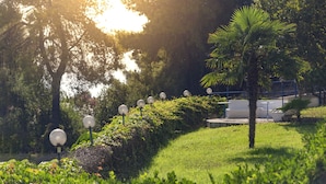 A garden with a pathway, palm tree, and outdoor seating area. - Roditsa Patritsia Apartments (Kassandra)