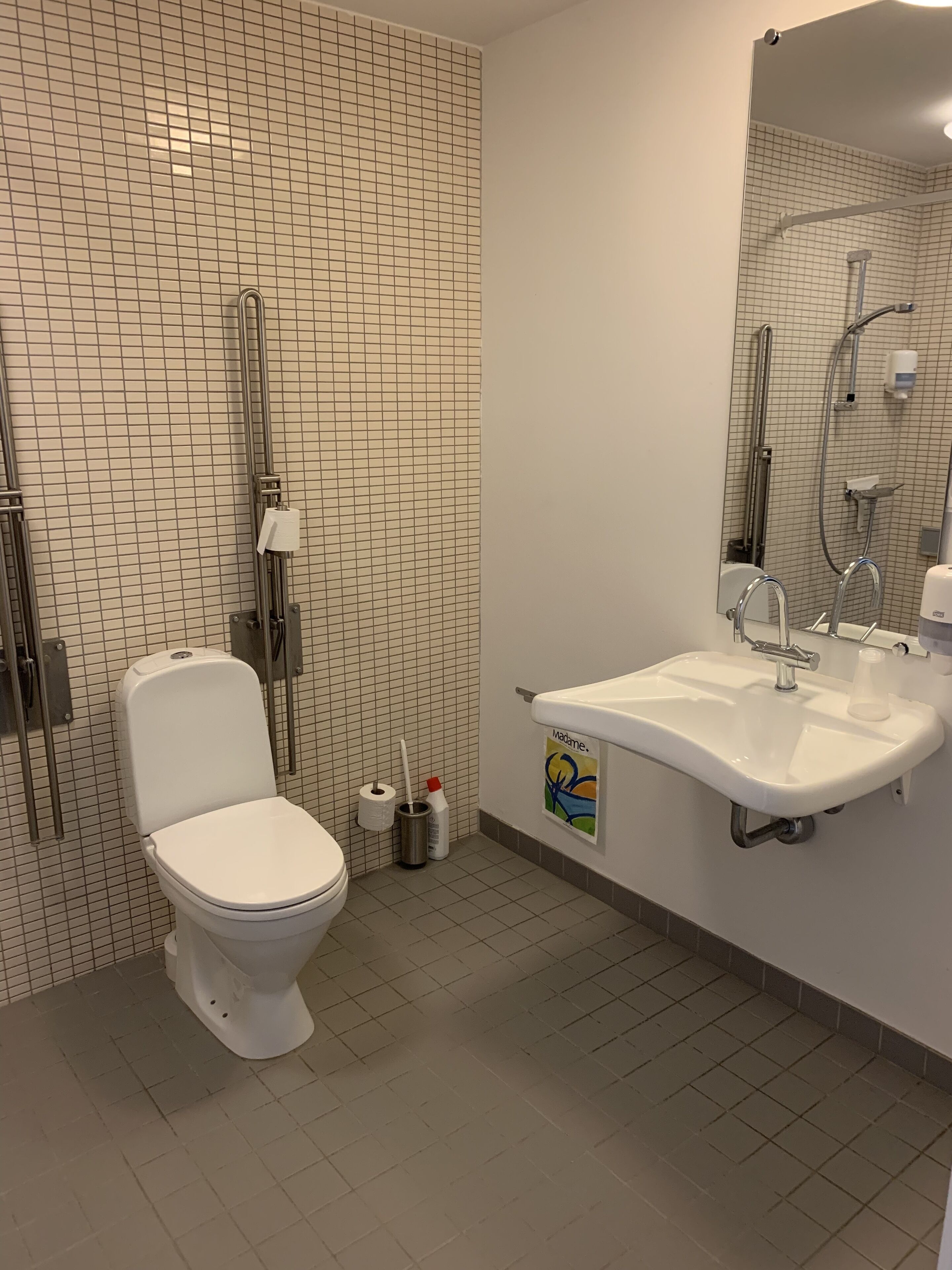 Moderni kylpyhuone, jossa on wc, pesuallas ja suihku.