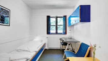 A compact room with a bed, a desk, and a chair.