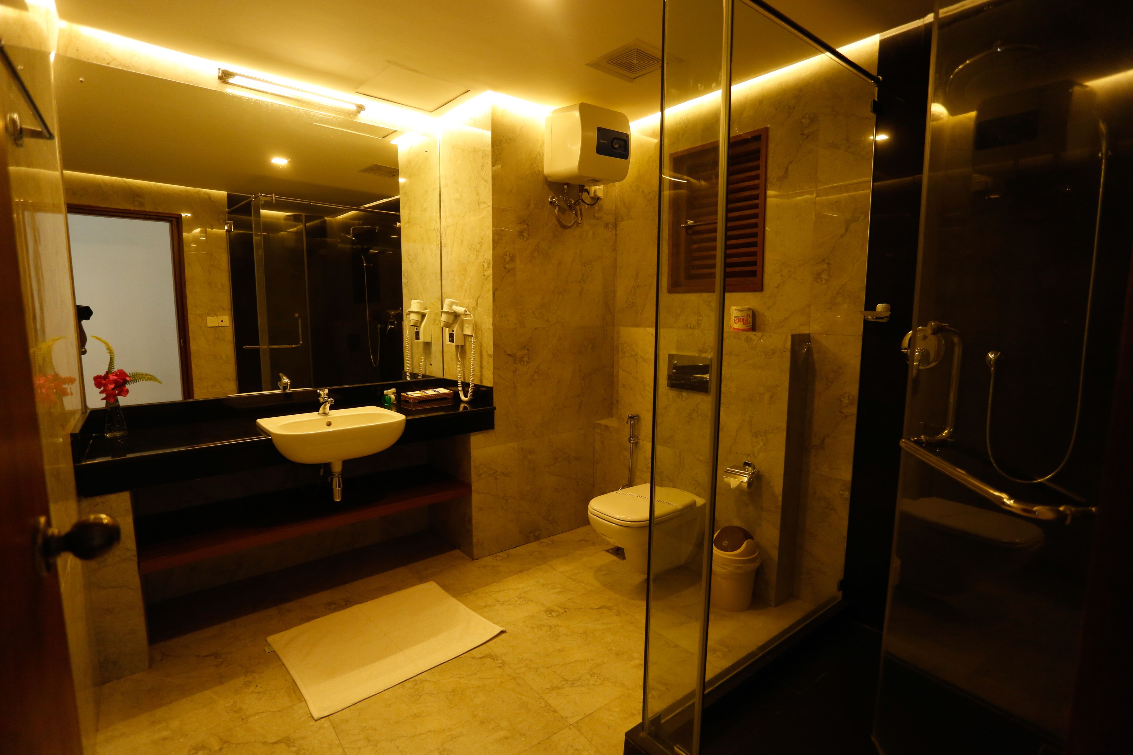 shower, free toiletries, hair dryer, towels