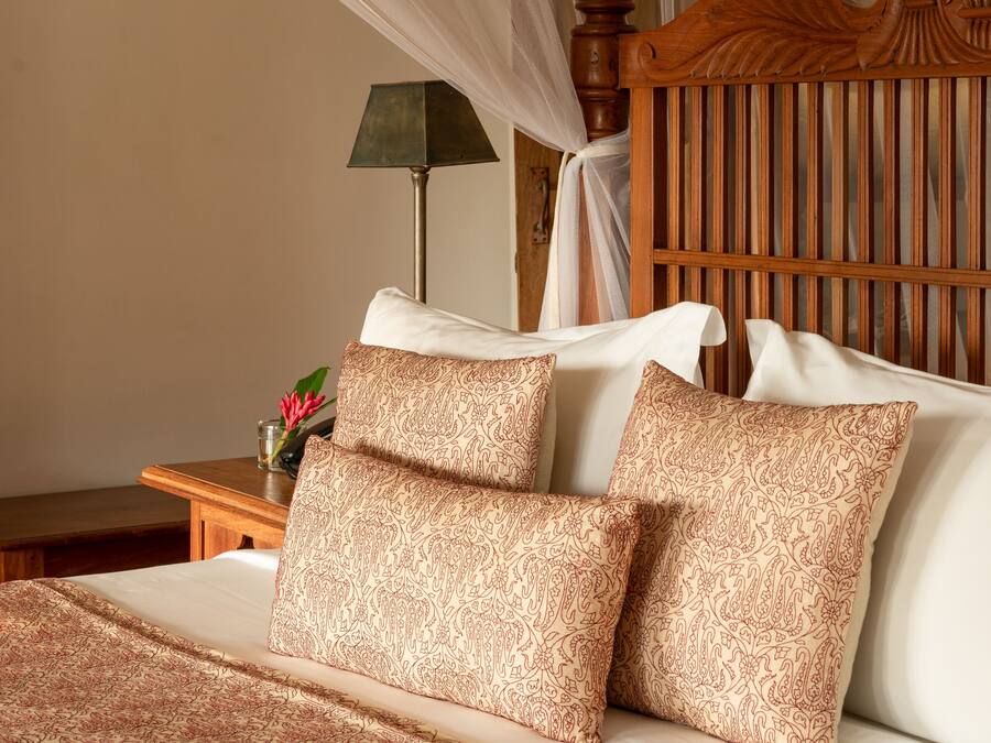Un dormitorio con cama a dosel, almohadas estampadas, cabecera de madera y mesita de noche con lámpara.