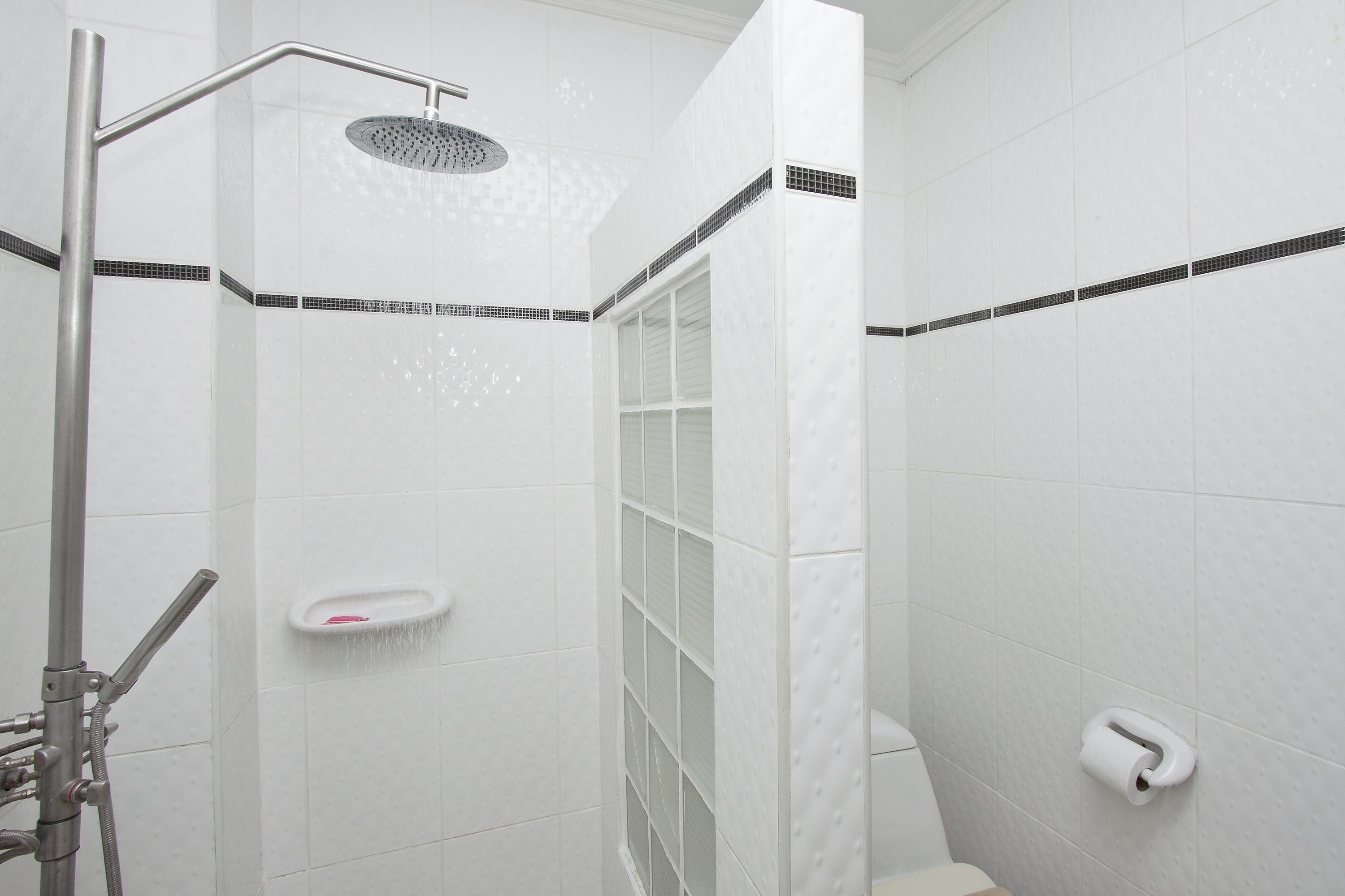 Ein Duschbereich mit Handbrause, einer gläsernen Duschkabine und einer Toilette mit Papierhandtuchspender.