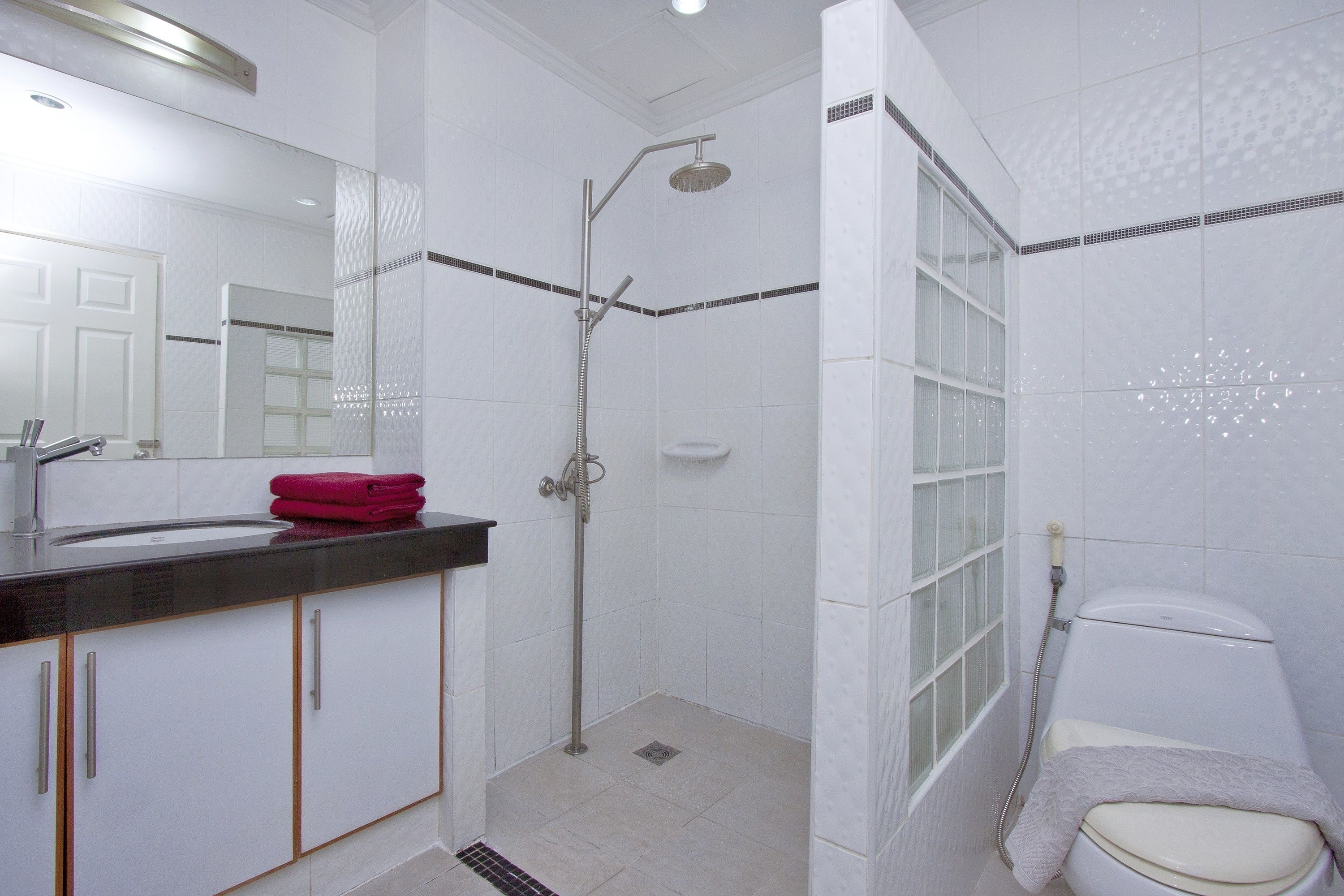 A bathroom with a shower, toilet, sink, and mirror.