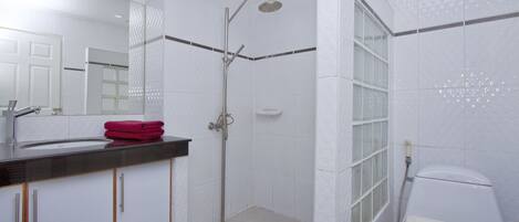 A bathroom with a shower, toilet, sink, and mirror.
