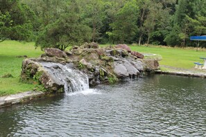 A natural water feature with a small waterfall, surrounded by rocks and greenery. - Hotel Campestre (El Valle de Anton)