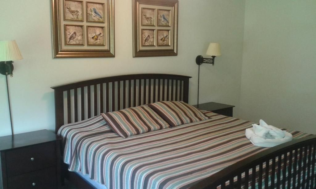 Een netjes opgemaakt bed met een gestreept dekbed en kussens, twee ingelijste kunstwerken met vogelafbeeldingen, en een bedlampje aan beide zijden van het bed.