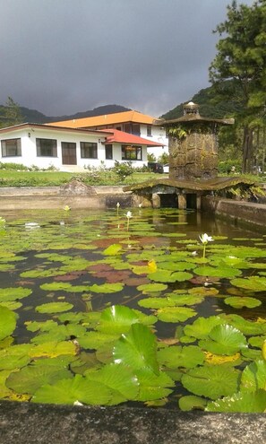 A pond with lily pads and swans, a stone bridge, and a building with a red roof in the background. - Hotel Campestre (El Valle de Anton)