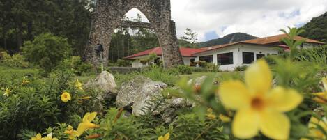 Un arco de piedra, abundante follaje y un edificio con techo rojo.
