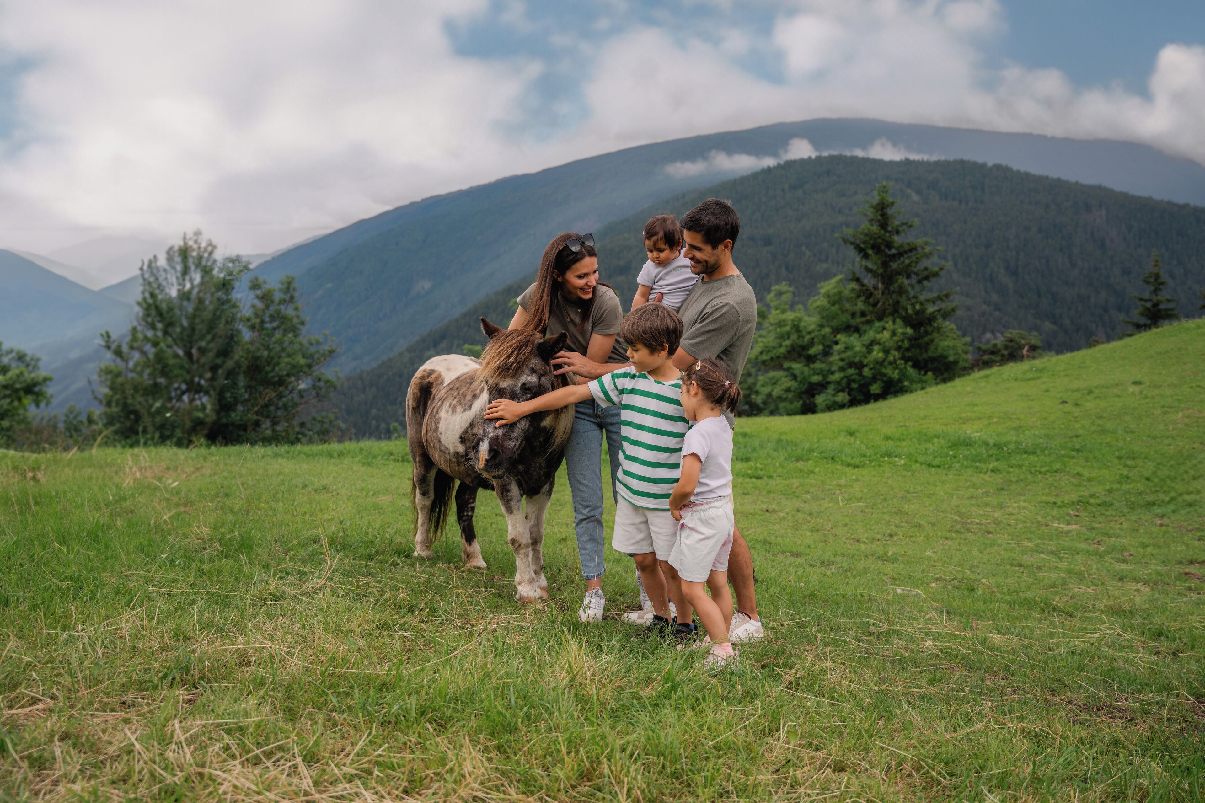 A family interacting with a horse in a grassy field with mountains in the background.