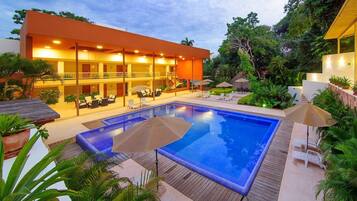 Outdoor pool, pool umbrellas, pool loungers