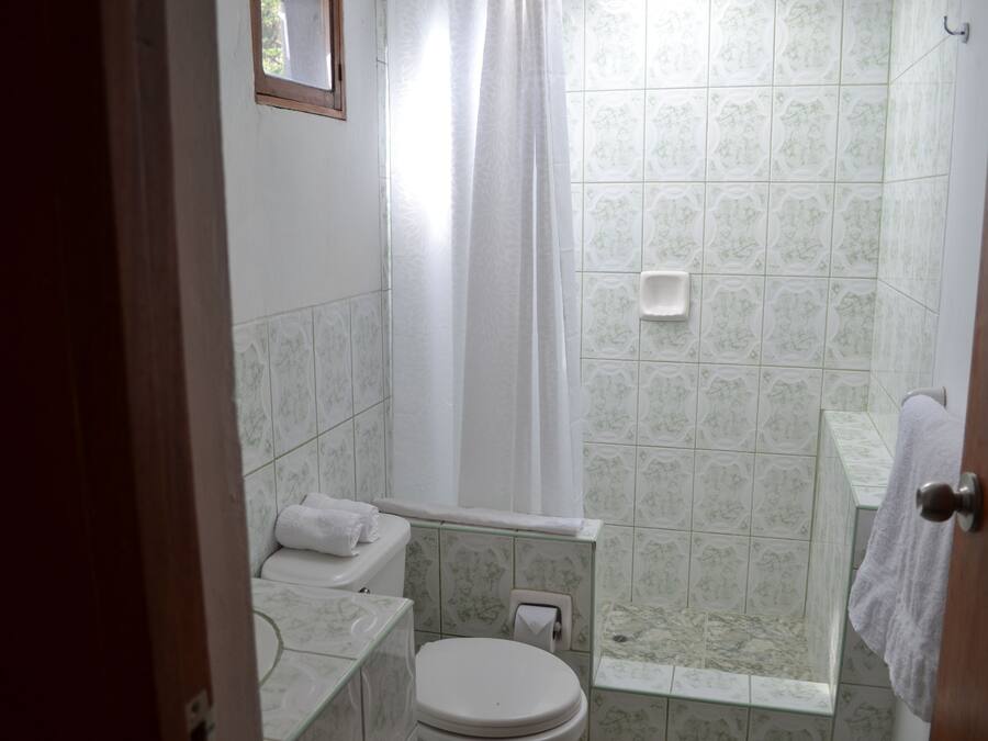 Ein Badezimmer mit Toilette, Dusche und Waschbecken.