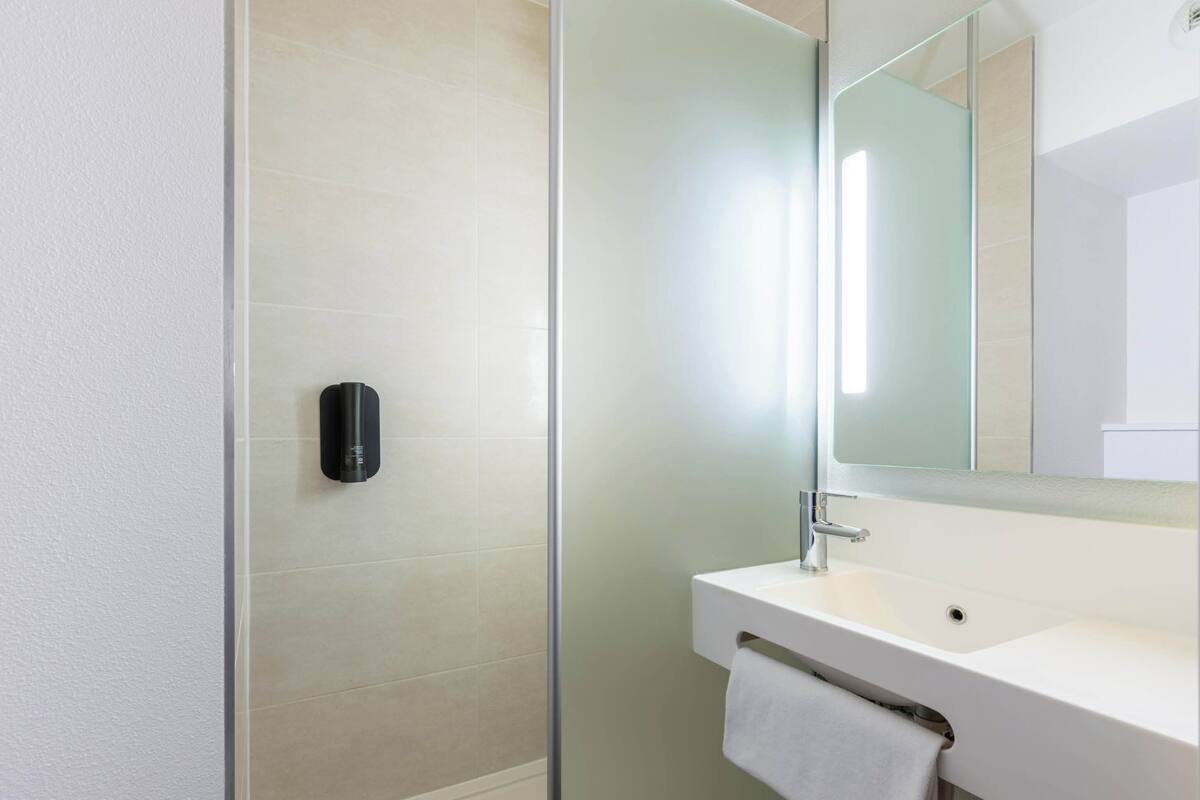 combined shower/bathtub, free toiletries, hair dryer, towels