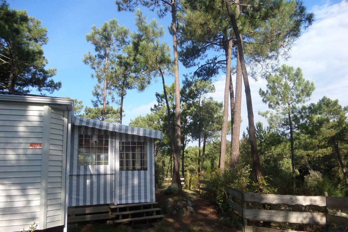 Une petite maison mobile d’un seul étage, dotée d’un auvent rayé, entourée de grands pins et d’une clôture en bois.