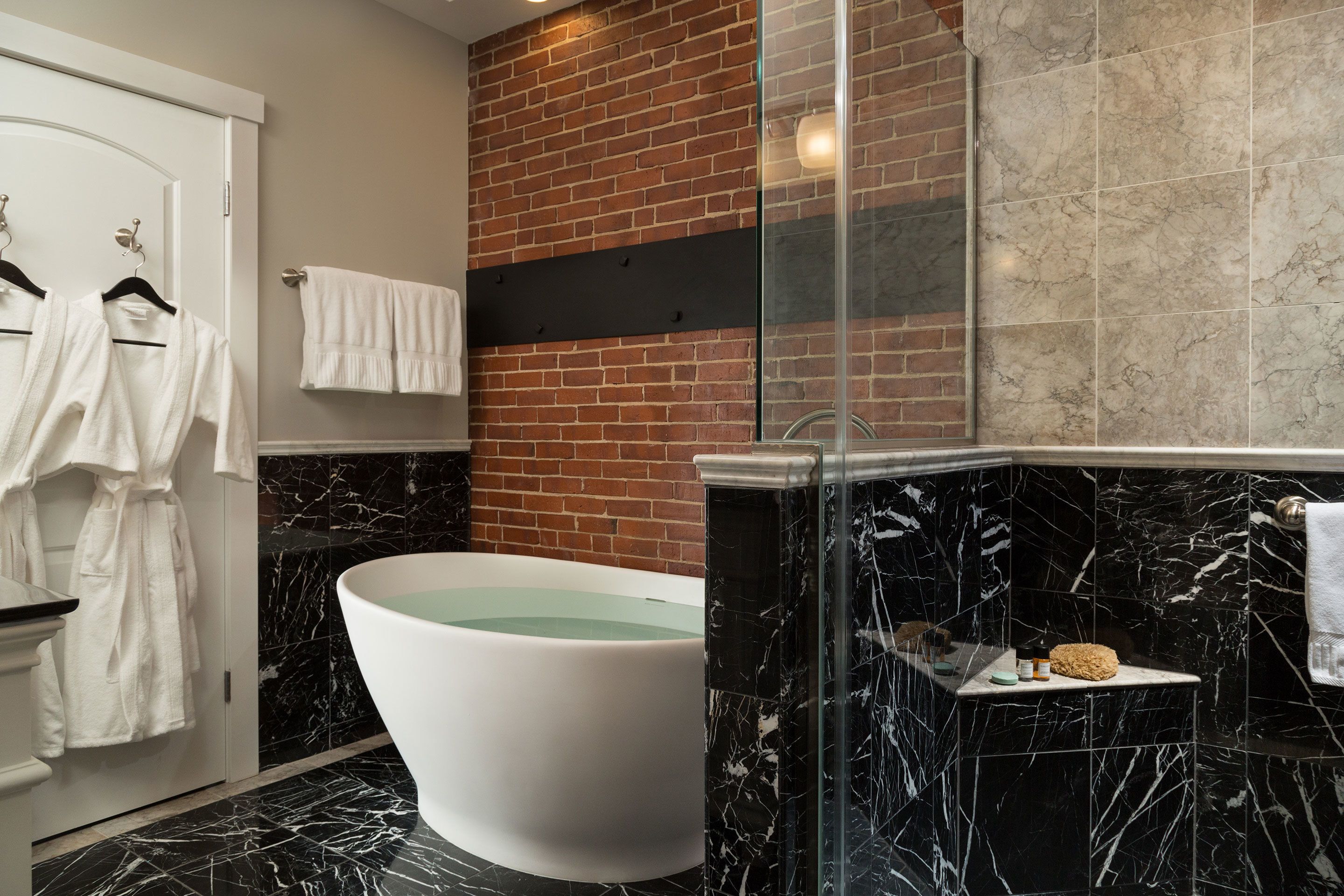 separate bathtub and shower, deep-soaking bathtub, free toiletries