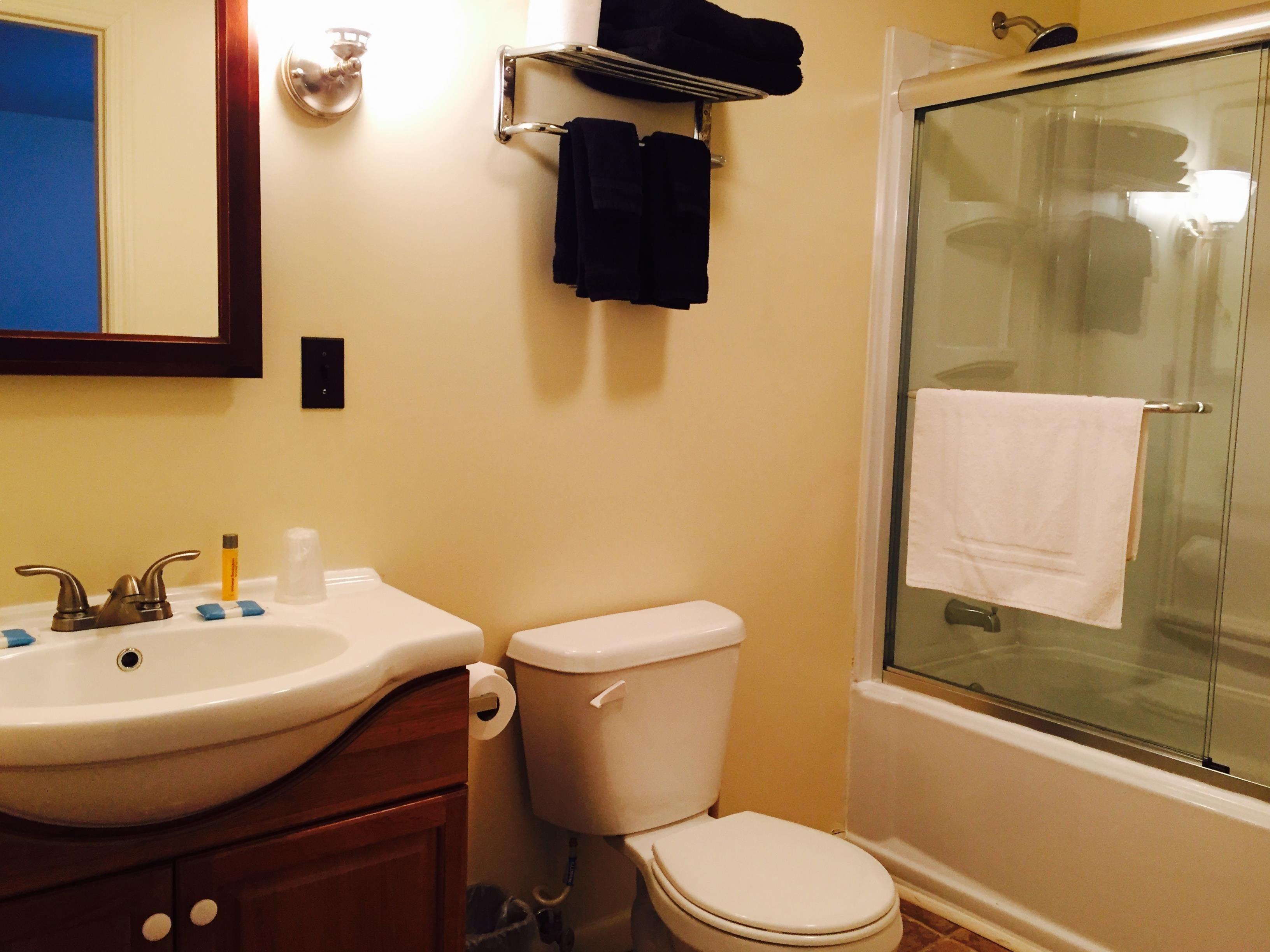 A bathroom with a sink, toilet, and glass shower enclosure.