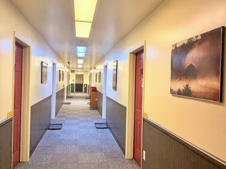 Um corredor de hotel com piso carpete e portas em ambos os lados, com um quadro na parede direita.