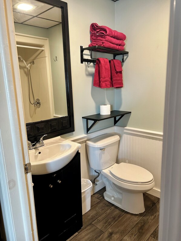 Duschwanne, kostenlose Toilettenartikel, Haartrockner, Handtücher