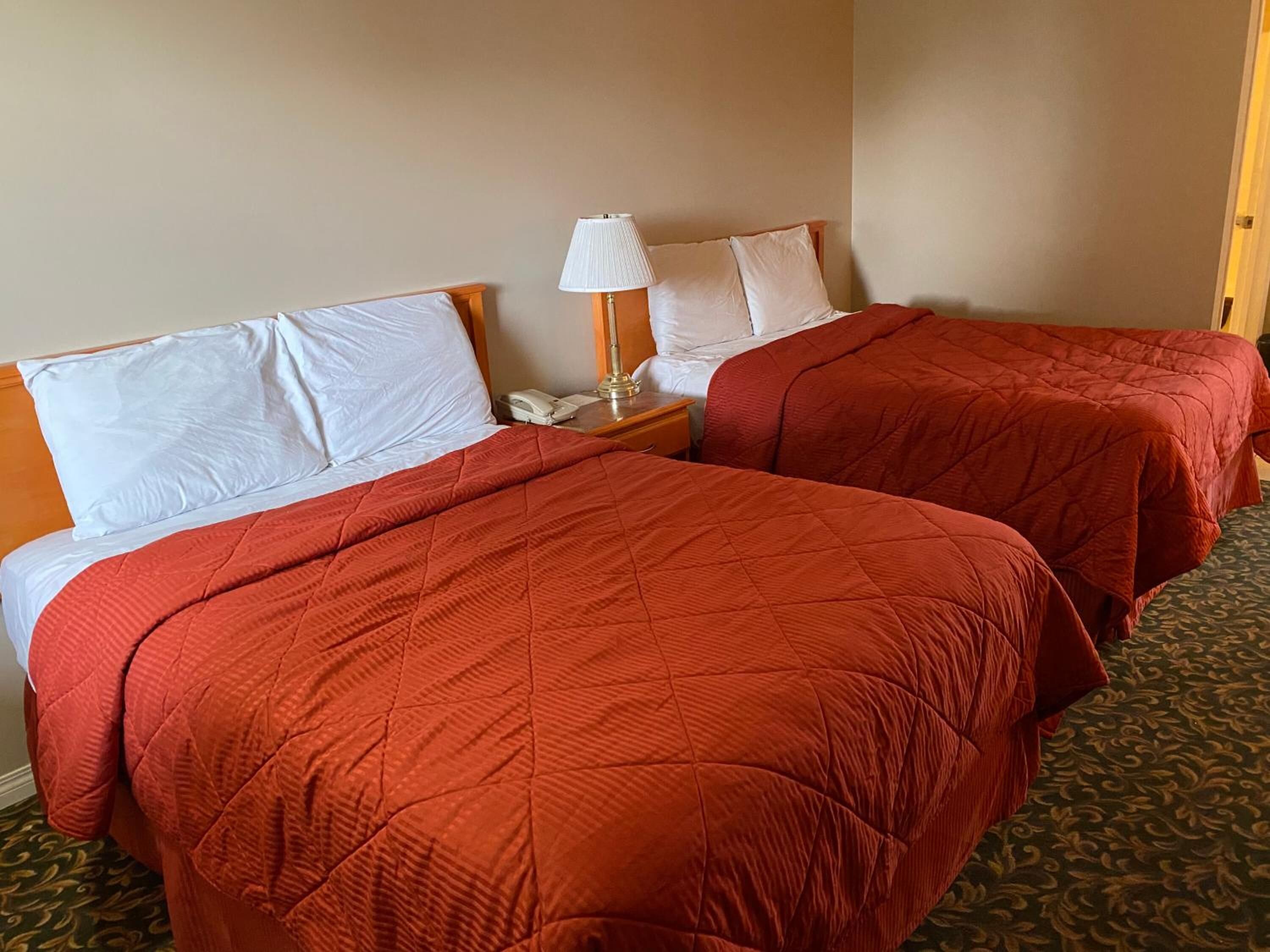 A hotel room with two beds, each with a red quilted bedspread and white pillows. There is a bedside table with a lamp and a phone. The room has a carpeted floor and a wooden door.