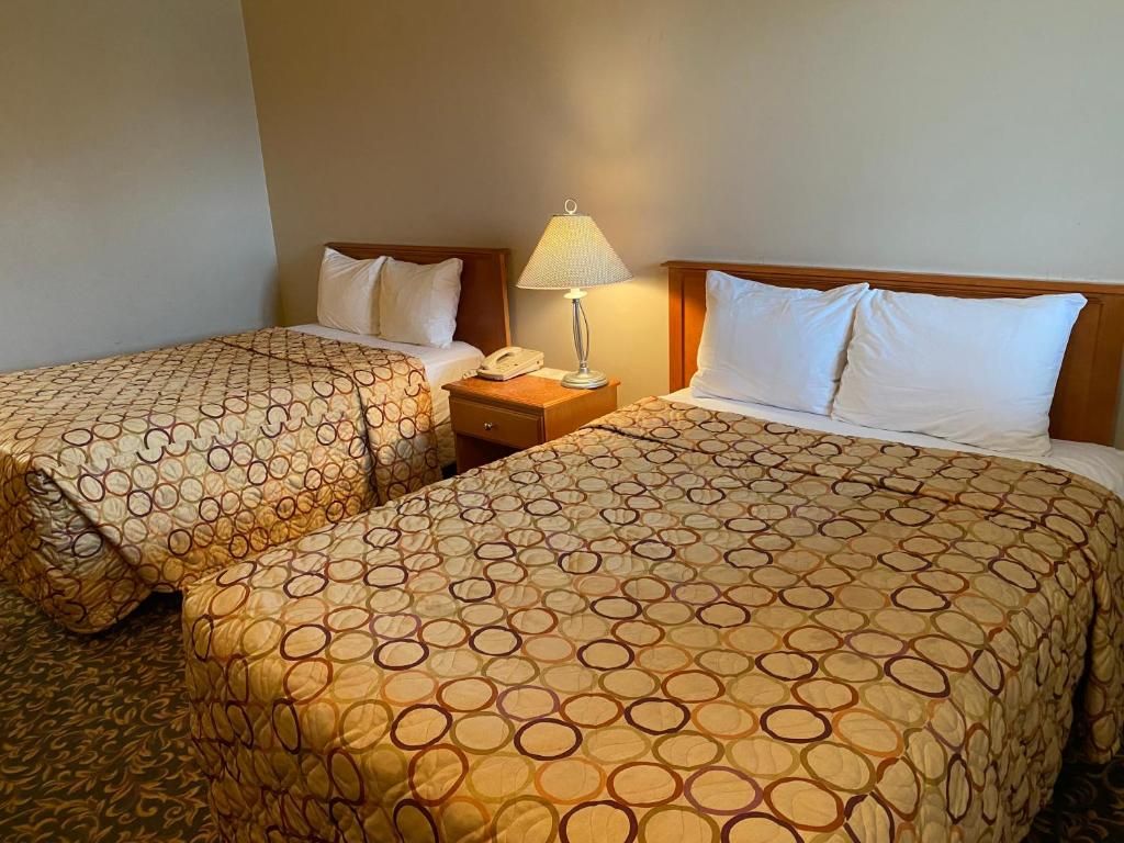 A hotel room with two beds, each with a patterned bedspread, a bedside table with a lamp, and a telephone.