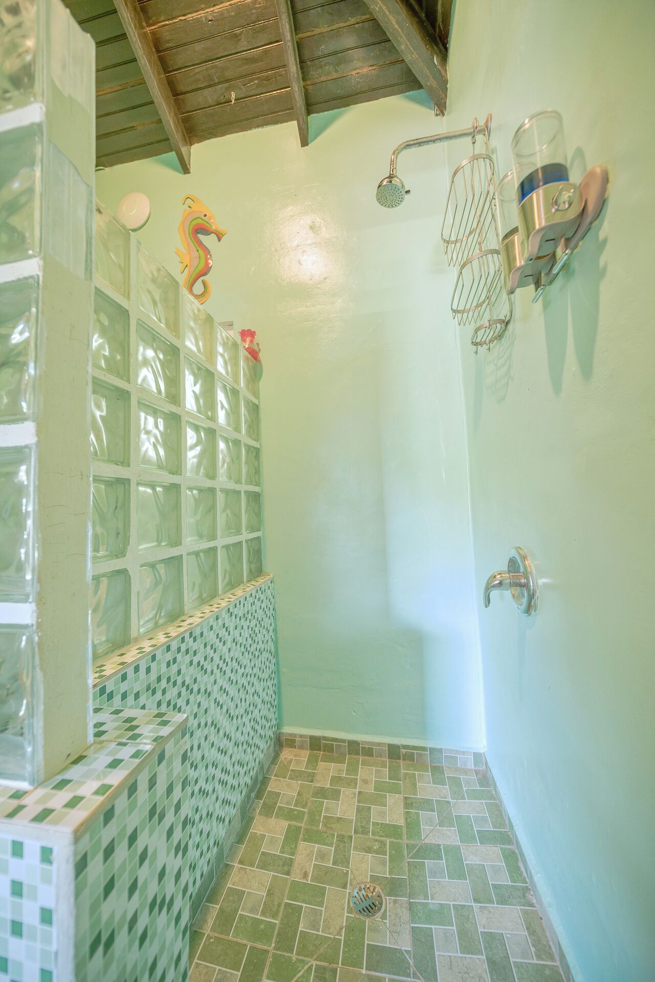 A small, tiled shower with a glass enclosure, a showerhead, and a wall-mounted towel rack.