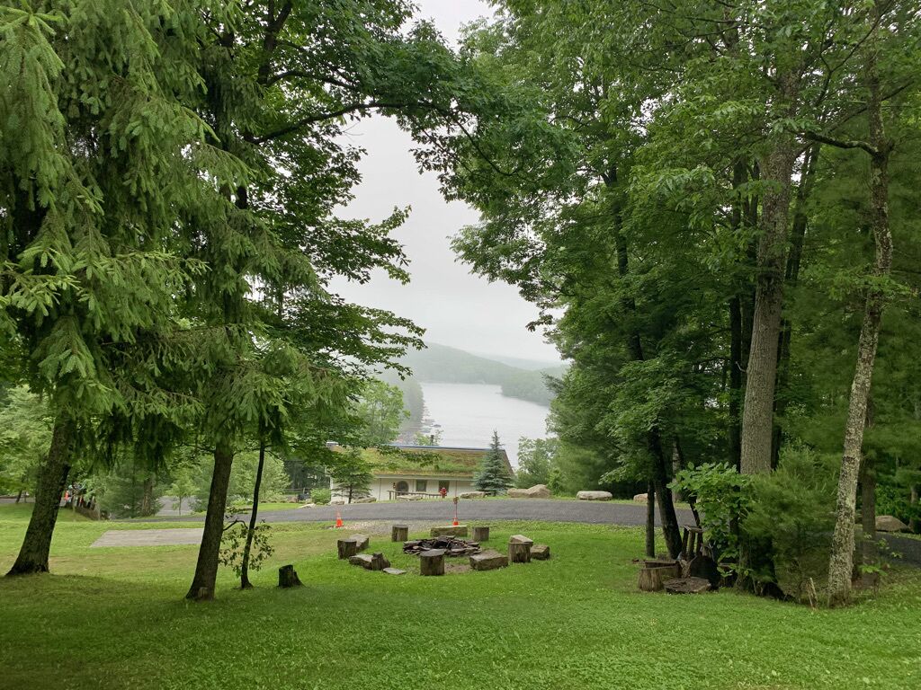 A park with a picnic area, trees, and a view of a lake.