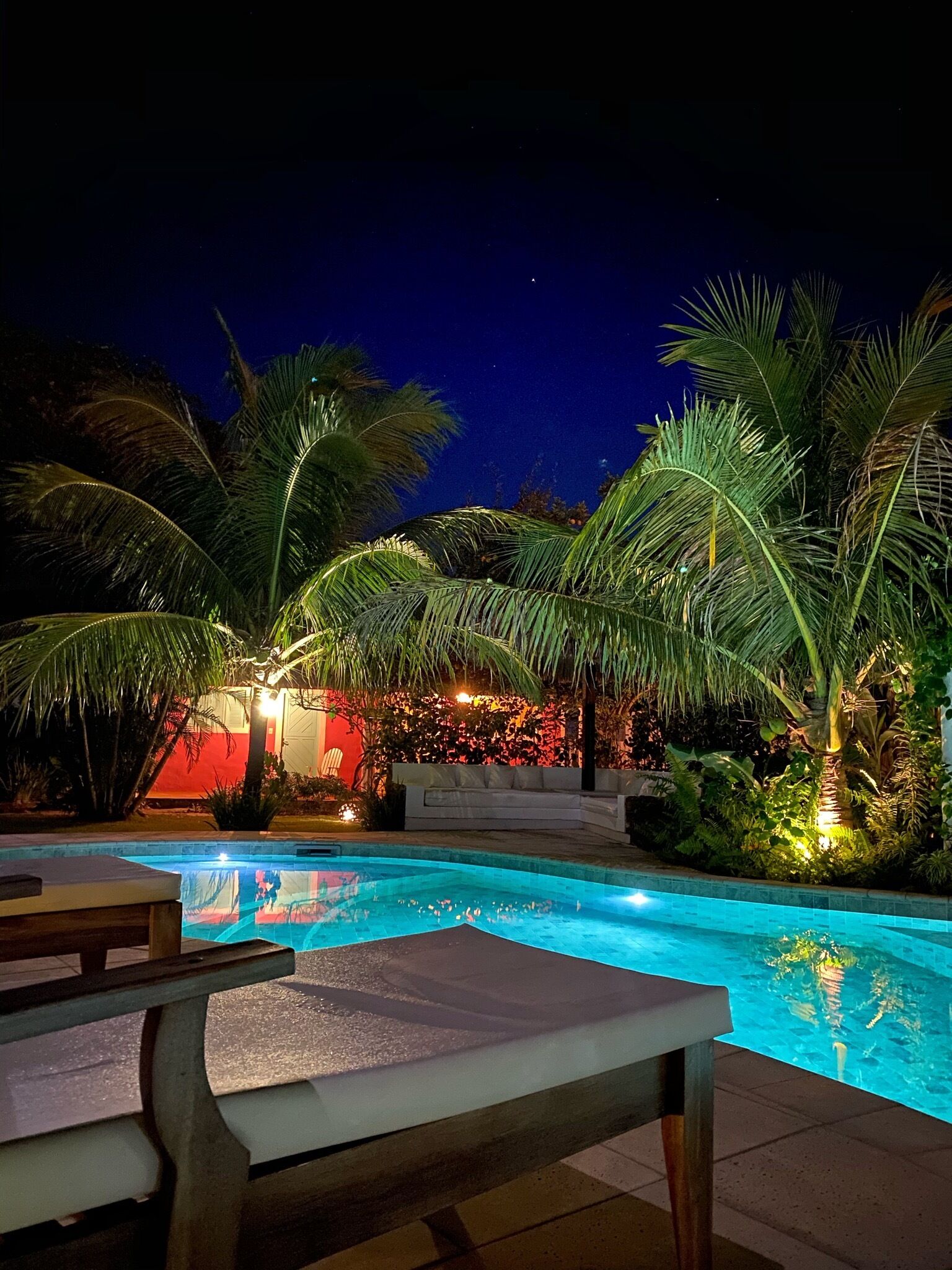 A nighttime pool area with palm trees, a red wall, and a white sofa.