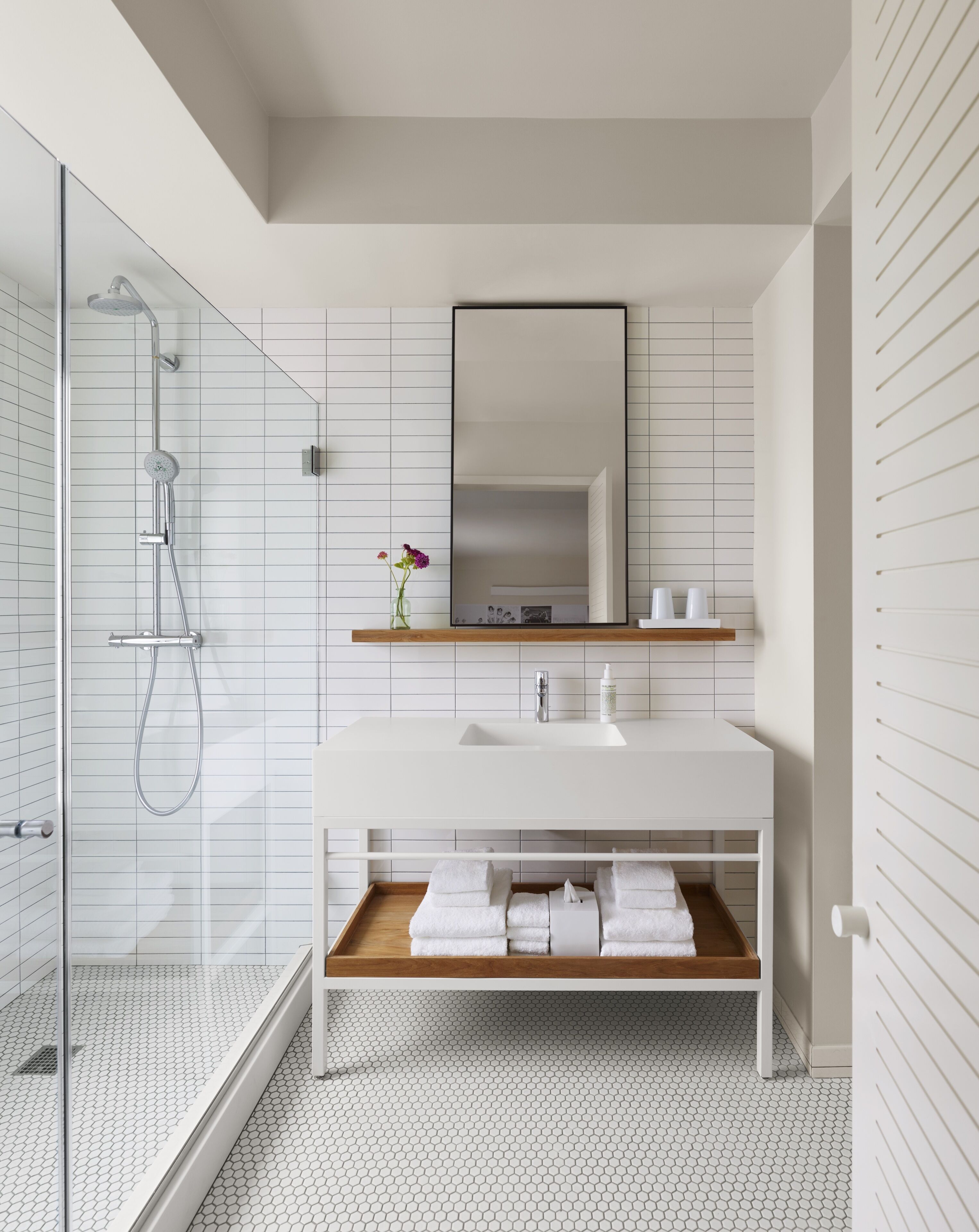 shower, rainfall showerhead, designer toiletries, hair dryer