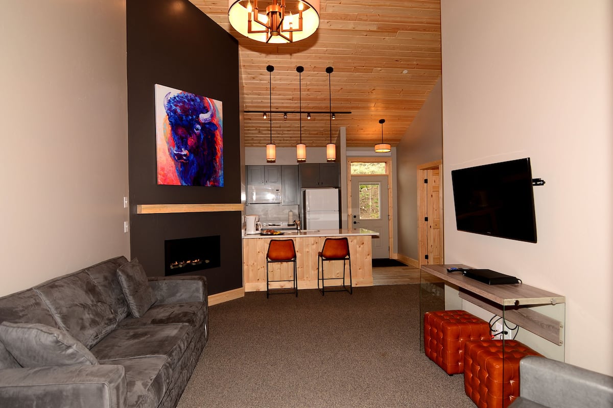 cabin, 1 bedroom, lake view | living room | flat-screen tv, fireplace