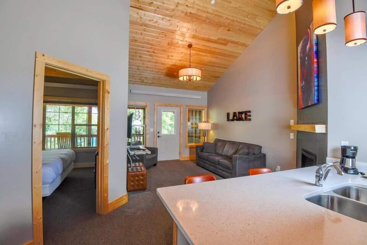cabin, 1 bedroom, lake view | living area | flat-screen tv, fireplace