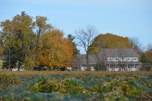 A two-story house with a large front porch and a garage, surrounded by trees with autumn foliage. - Old Town Country Landing B&B (Niagara-on-the-Lake)