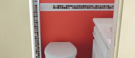 A small bathroom with a white toilet, a sink, and a red wall.