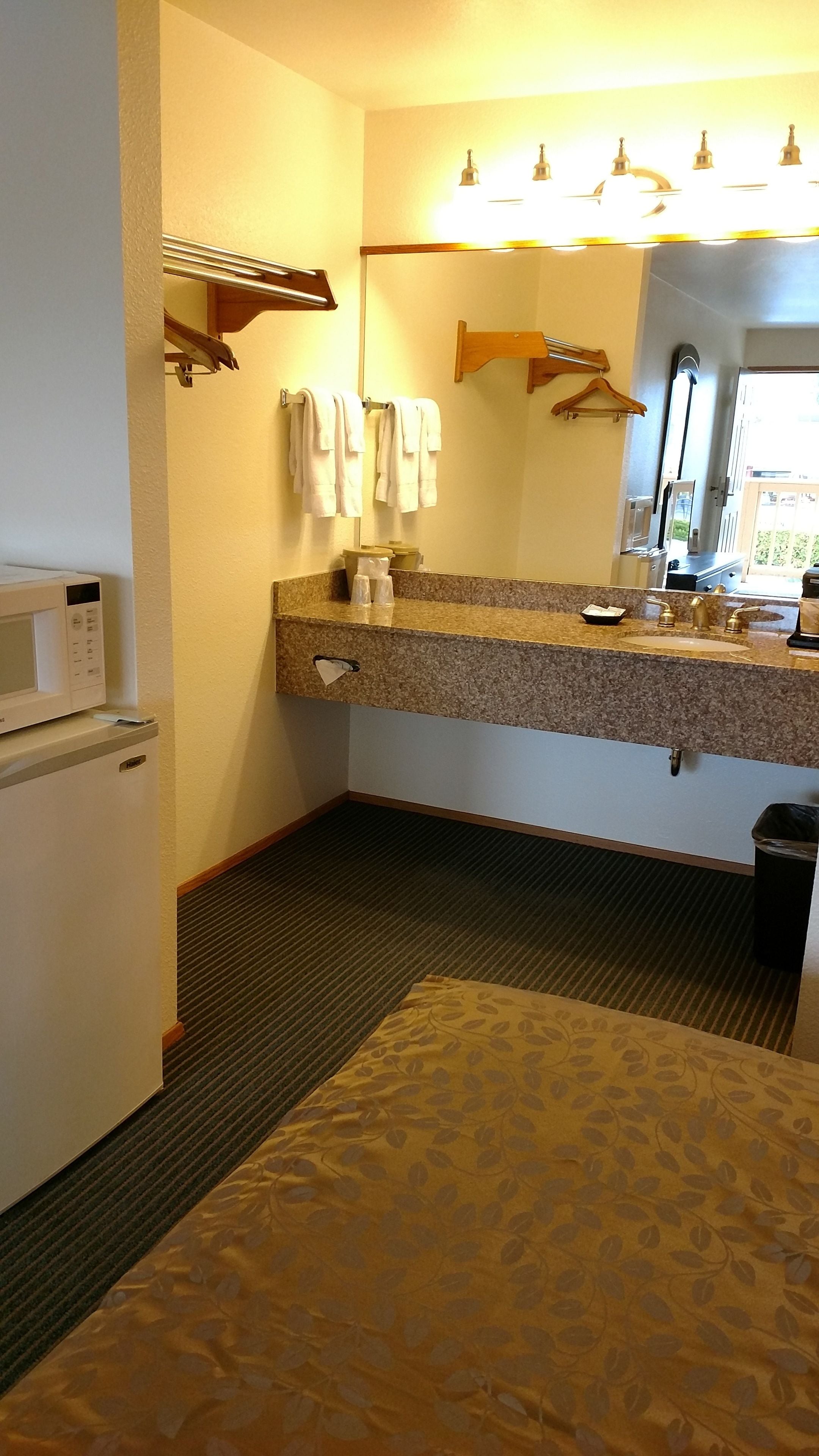 A hotel bathroom with a sink, mirror, towel rack, and a microwave.