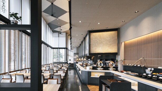 A modern restaurant interior with long tables and chairs, a buffet counter, and large windows.