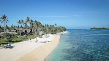 Private beach, white sand, beach towels, snorkeling