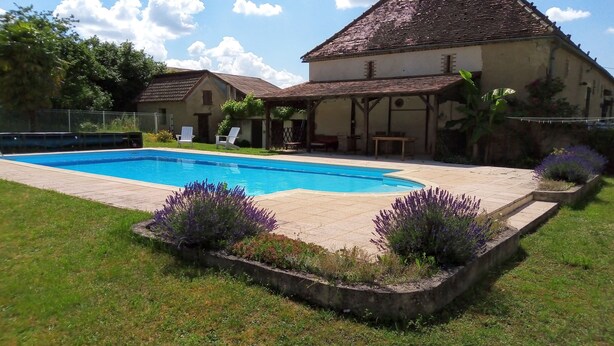 A swimming pool with a tiled deck, surrounded by a grassy area and lavender plants. - Château Latour (Fours)