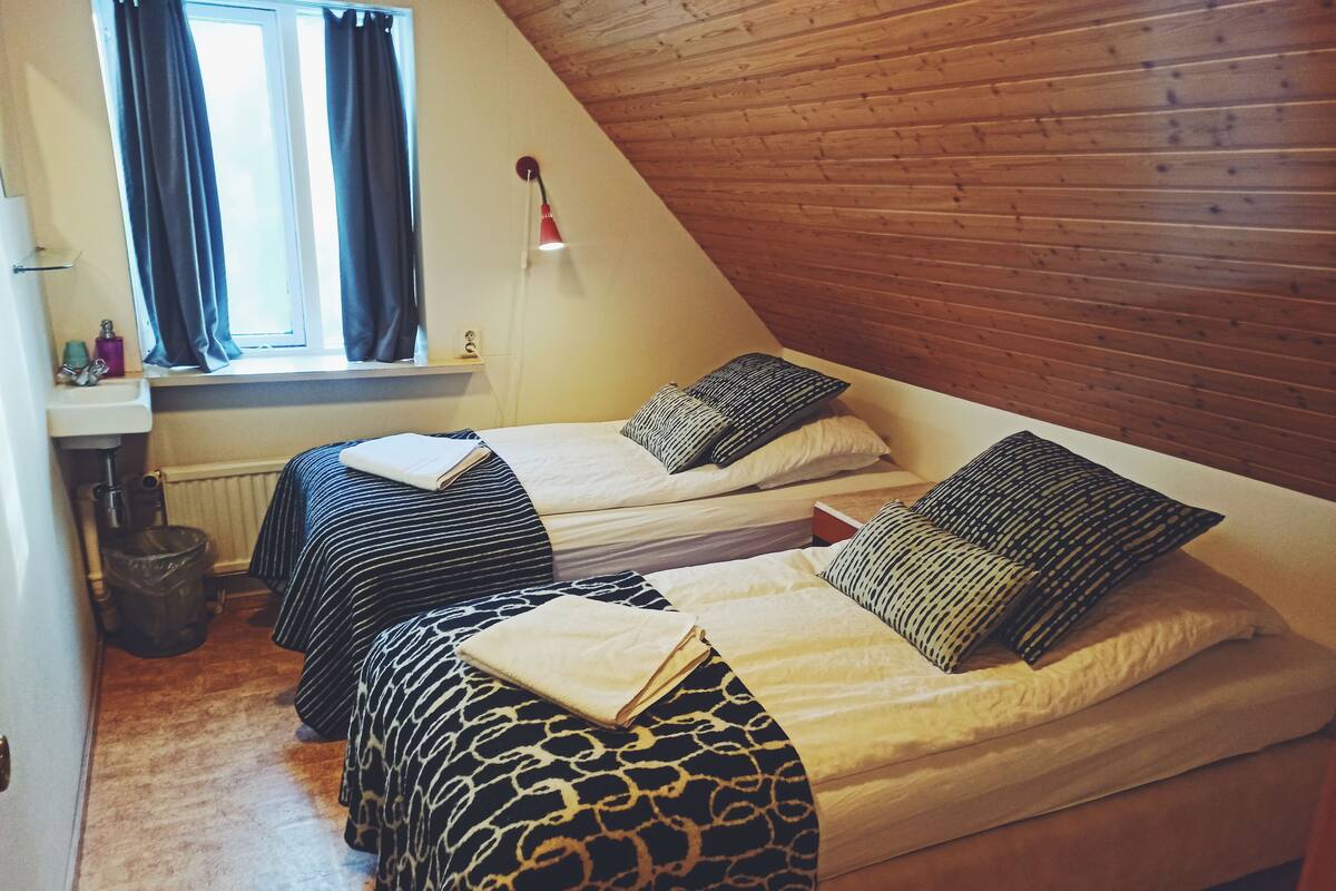 Une chambre avec deux lits, une fenêtre avec des rideaux, un radiateur et un plafond en bois.