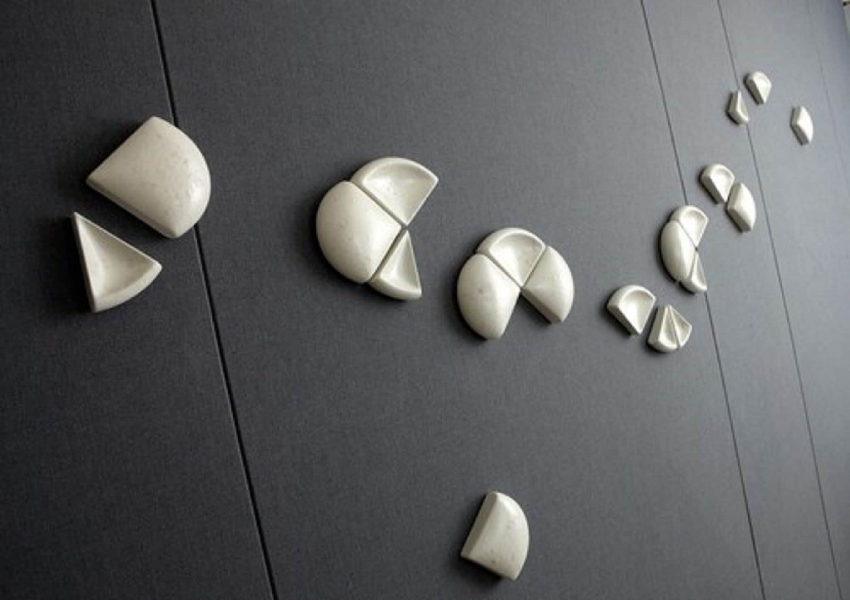 A series of white, semi-circular objects arranged on a dark surface.
