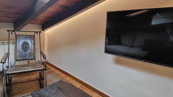 A room with a skylight, a mounted TV, a wooden bench, and a decorative chair.