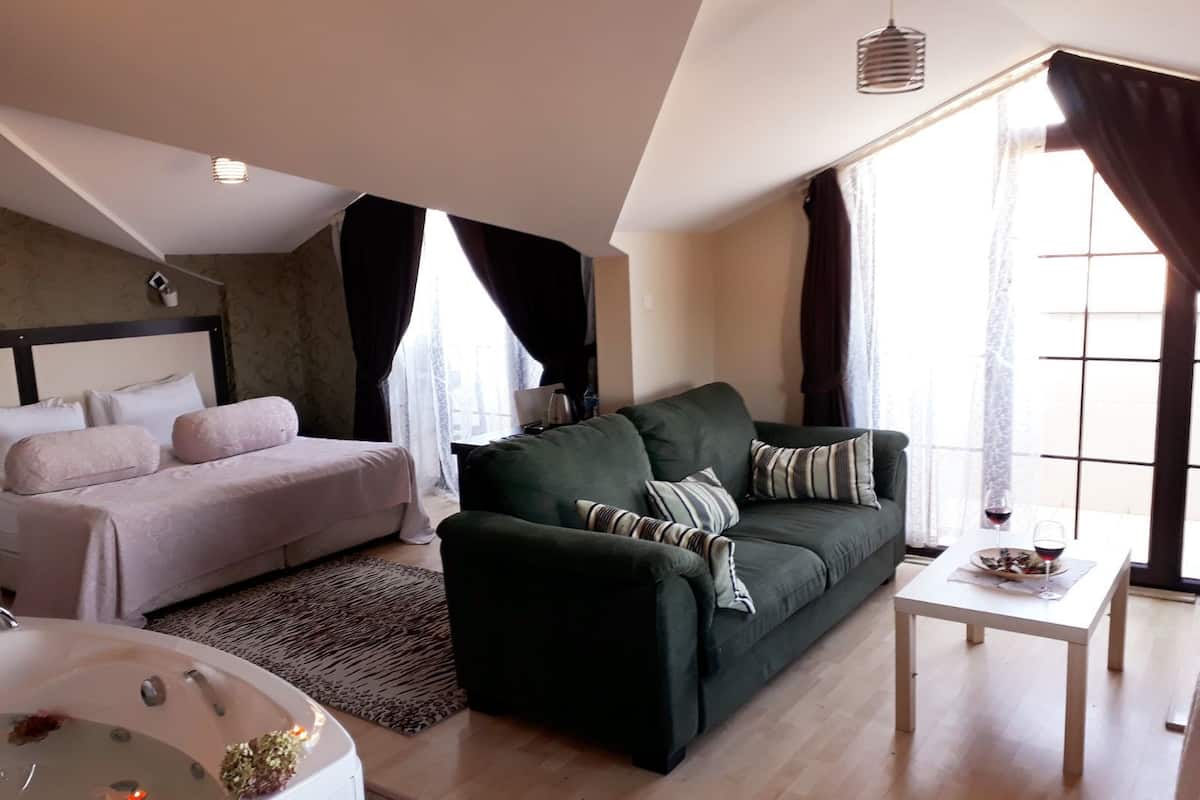 Deluxe kamer, open haard (Jacuzzi) | Een minibar, een kluis op de kamer, geluiddichte muren, gratis wifi