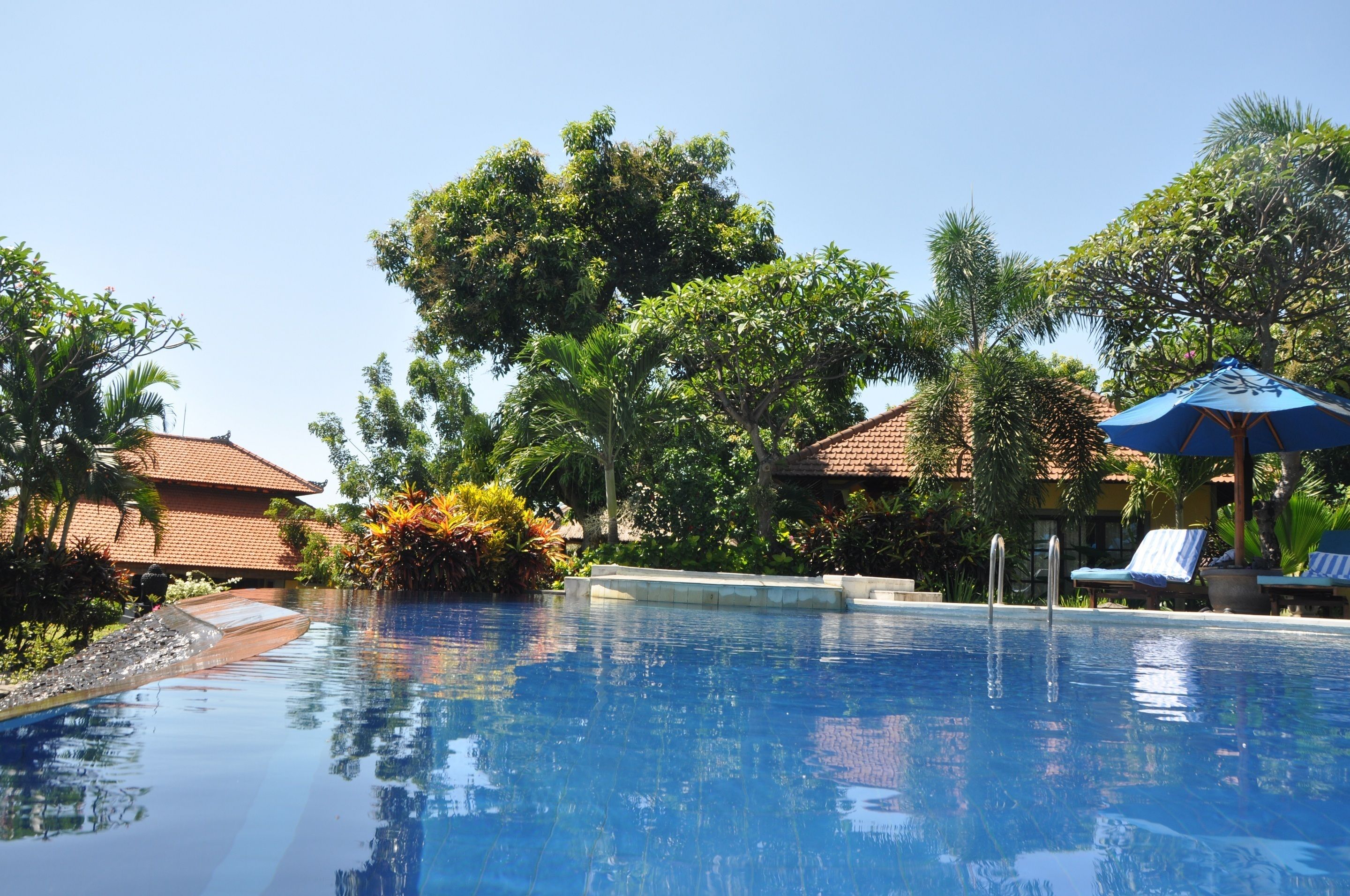 A clear swimming pool with lounge chairs and umbrellas, surrounded by lush greenery and buildings with red-tiled roofs.